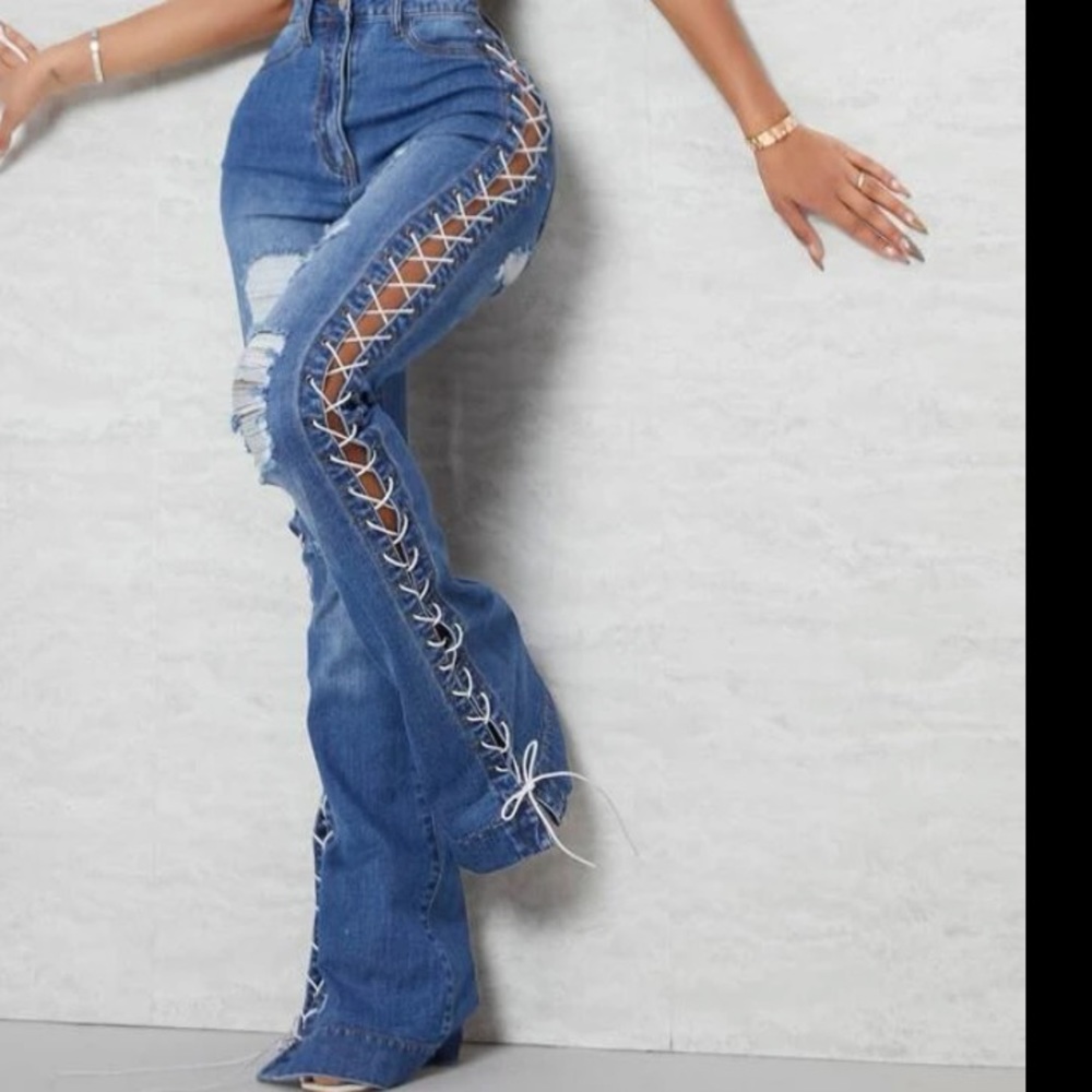 SHEIN SXY Lace Up Ripped Flare Leg Jeans